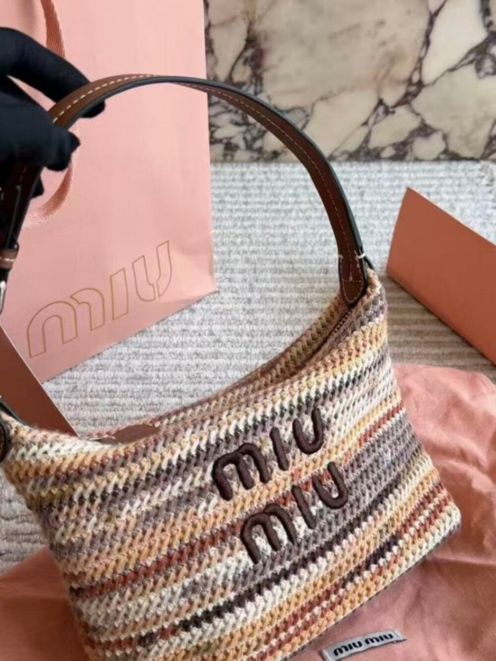 Miu Miu Earth‑Tone Stripe Knit Crochet Shoulder Hobo Bag
